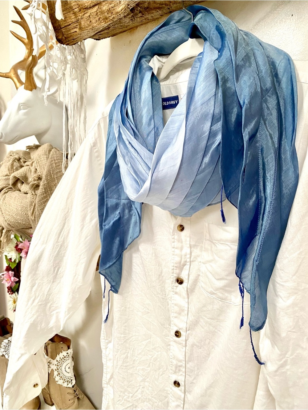 RARE Blue Ombre Silk Scarf/wrap mega texture vacay Mediterranean costal vibe